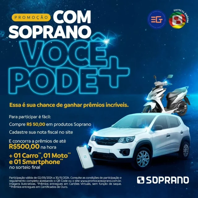 ⚡ PROMOÇÃO! COM SOPRANO VOCÊ PODE MAIS

Na Elétrica Geral, a cada R$50,00 em compras de produtos Soprano, você concorre a prêmios instantâneos de até R$500,00 e, ao final da promoção, você participa do grande sorteio de um carro, uma moto e um smartphone!

📍 Nos visite: Av. Prefeito Olavo Gomes de Oliveira, 4555, Pouso Alegre.
📲 Fale com a gente pelo WhatsApp: (35) 3311-2555.

#eletricageral #materiaiseletricos #pousoalegre #suldeminas #eletrica #soprano